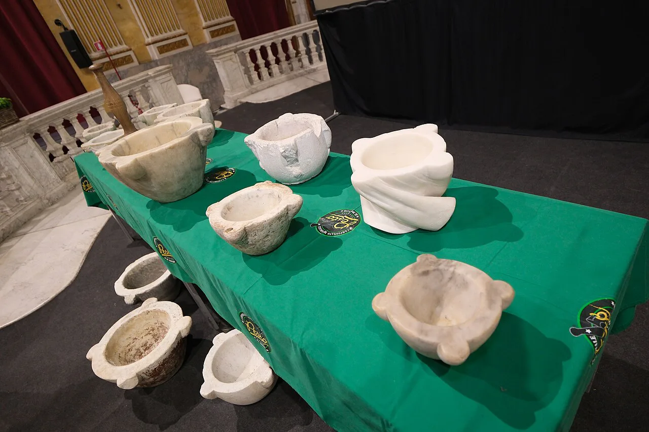 Marble mortars for making pesto.