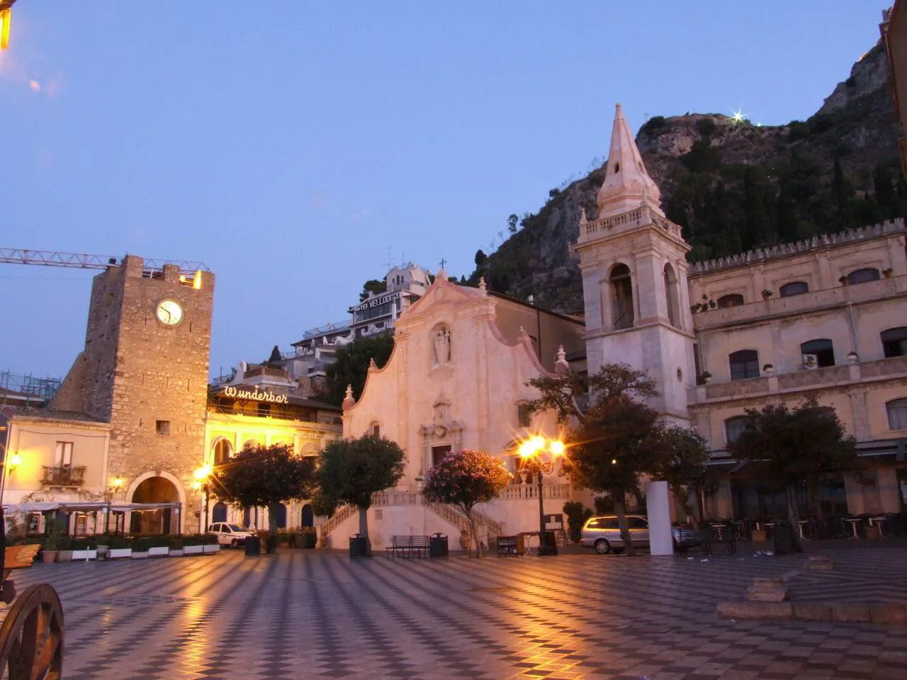 Piazza IX Aprile in Taormina at sunset.