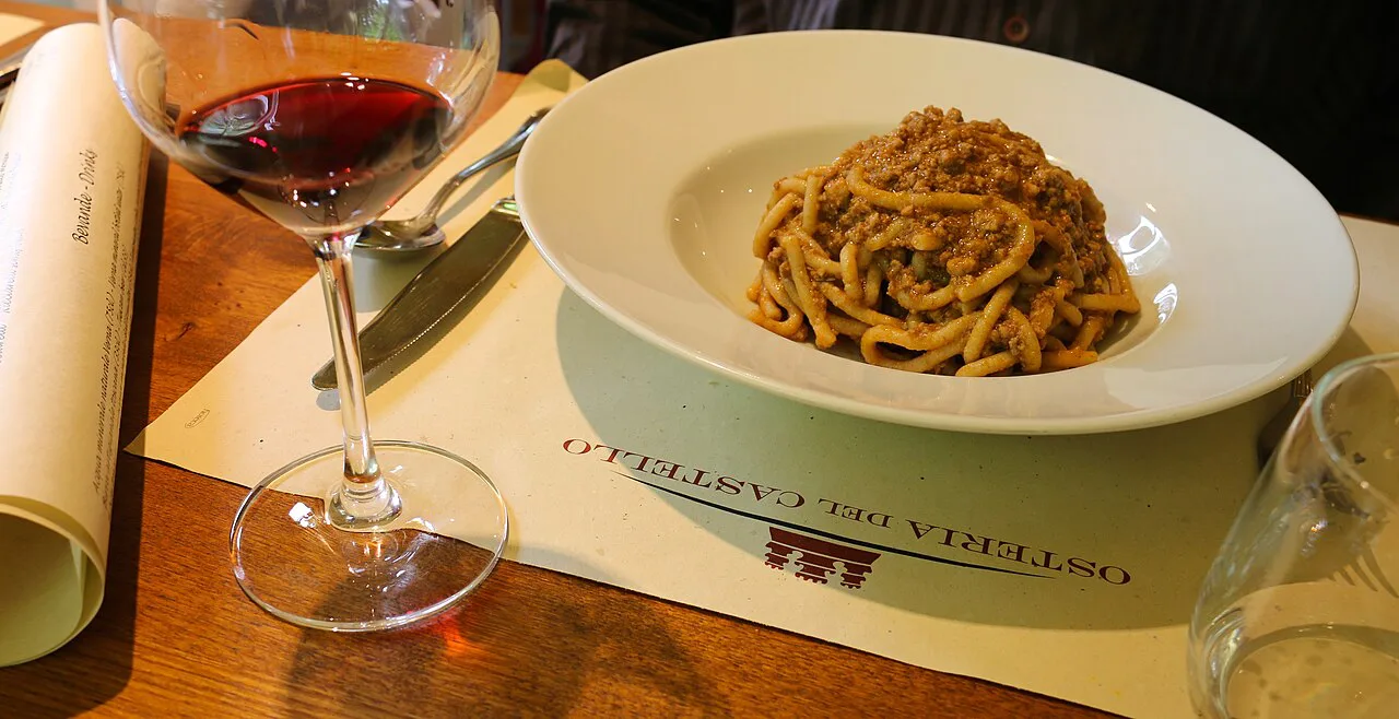 A plate of pici with ragù and a glass of red wine.