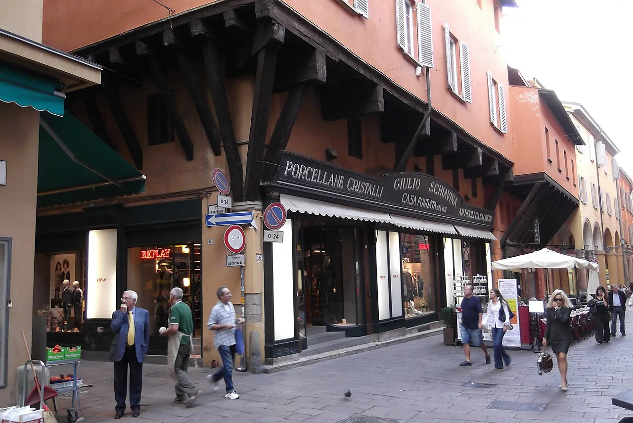 Shops under the arcades of the Quadrilatero in Bologna.