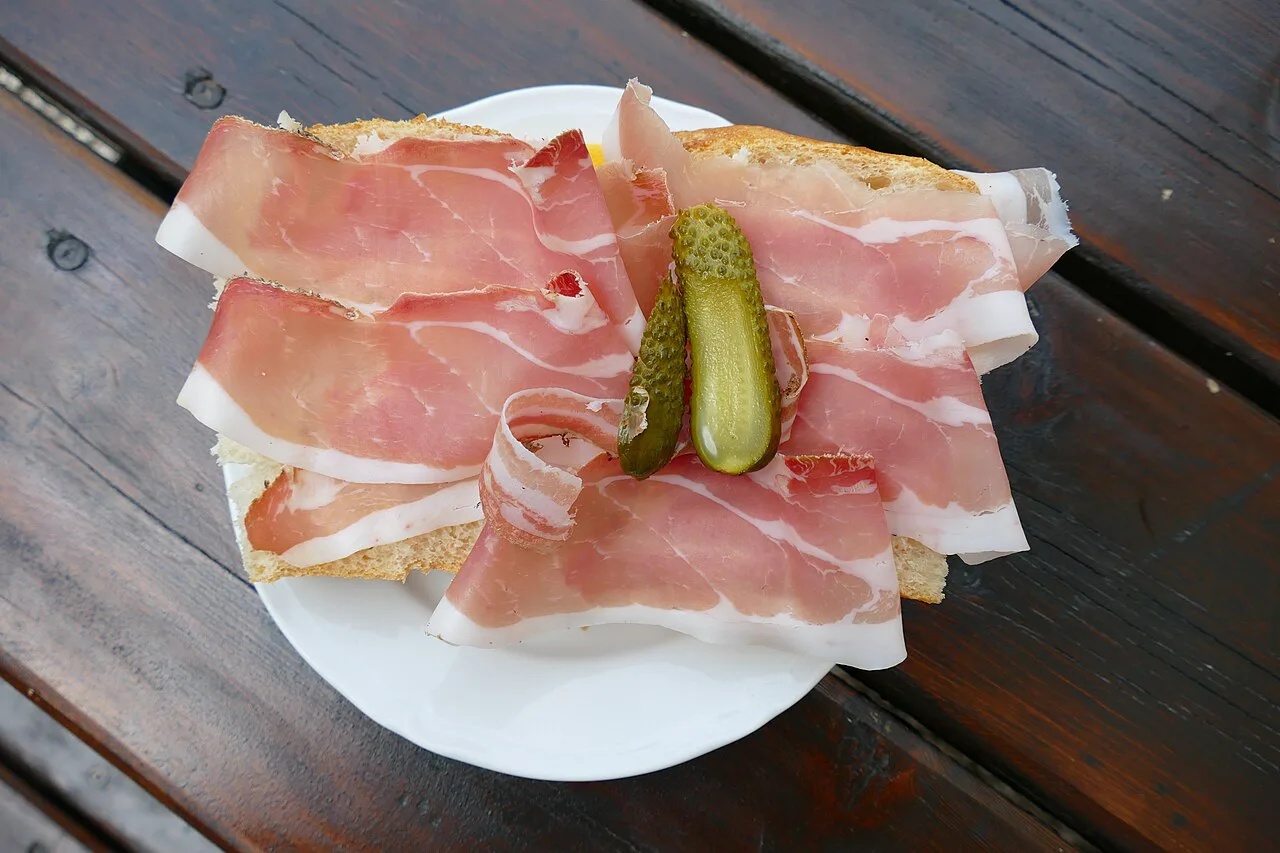 An open speck sandwich at a mountain hut in South Tyrol.