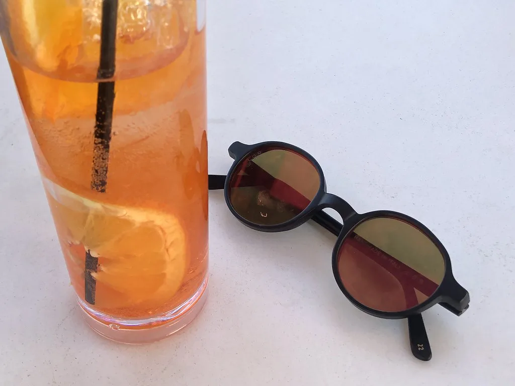 Aperol spritz in a tall glass.