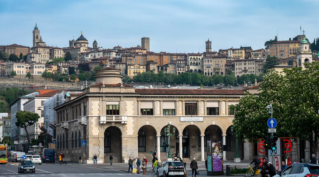 Lower town of Bergamo with the old town above.