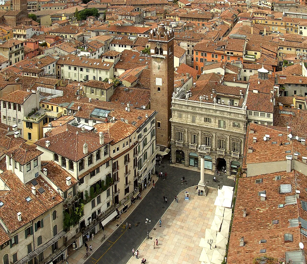 Piazza delle Erbe in Verona seen from above.