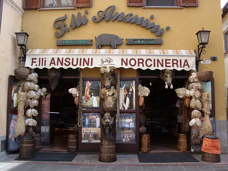 A norcineria shop front in Norcia.